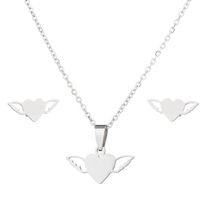 Detailed view of silver stainless steel heart with wings necklace and earrings set