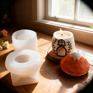Detail view of mushroom house silicone molds with DIY handmade candle finished products