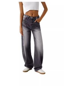 Jean large taille haute gris foncé délavé vintage pour femmes avec moustaches