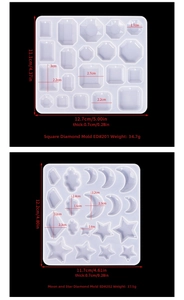 Detailed view of DIY silicone molds for resin jewelry featuring star and moon shapes
