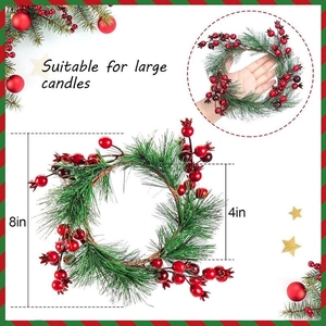 Christmas candle ring with PVC pine needles and red berries for holiday home decoration