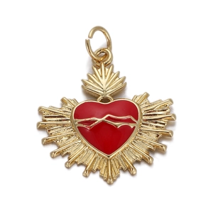 Gold plated copper red enamel heart pendant with flame design for jewelry making
