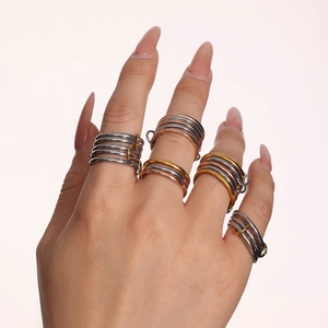 Three-tone stainless steel linked rings set with zircon, multi-layered stacking style