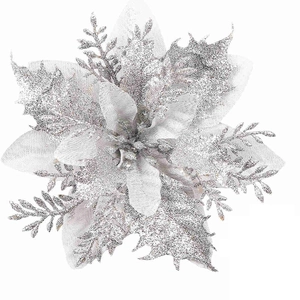 Silver artificial poinsettia flower with glitter coating for Christmas tree decoration