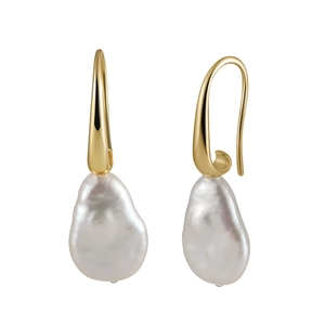 Elegant gold earrings with white baroque irregular pearls on a clean white background
