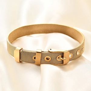 Golden 10mm stainless steel mesh watch band style bracelet with adjustable buckle