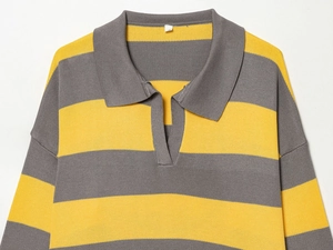 Detailed view of casual striped knit polo shirt with grey and yellow ribbed collar in size S