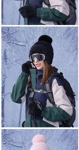 Close-up of women's knit beanie and gloves set for professional outdoor skiing gear