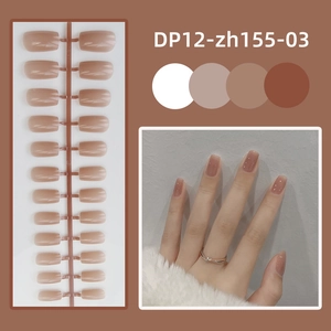 Glossy square-head nude press-on nails set with set showing application on hands