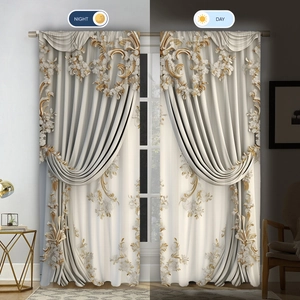 Detailed comparison of beige floral curtains showing shading effects in day and night views