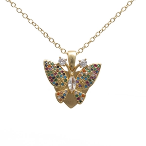 Elegant gold butterfly necklace featuring colorful zircon stones on a white background