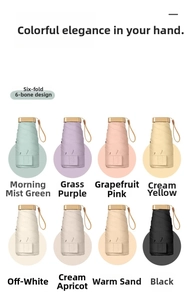 Matrix display of ultra-light 6-fold umbrellas in eight pastel colors with wooden handles