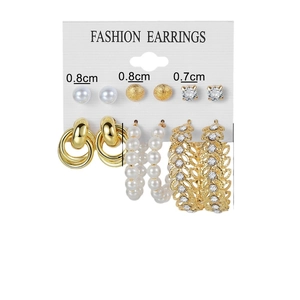 6-pair gold alloy earring set featuring geometric hoops and faux pearl studs