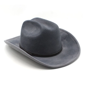 Detail of grey felt cowboy hat featuring faux leather band and metallic studs