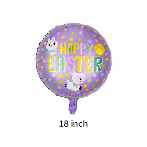 18 inch Happy Easter purple foil balloon with cute cartoon bunnies and chick