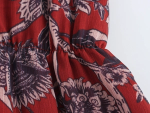 Close-up of vintage floral chiffon fabric with elastic smocking and fine stitching detail