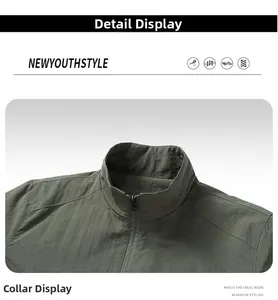 Detail view of the standing collar and windproof fabric on a dark olive jacket