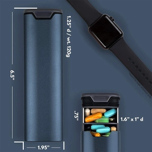 Aluminum 7-day large capacity pill organizer for travel with dark blue metallic finish