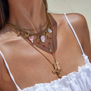 Layered 18K gold stainless steel necklace with heart cross pendants and pink beads