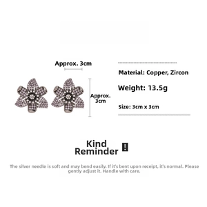 Detailed size chart for vintage zircon flower earrings with purple petals and dimensions