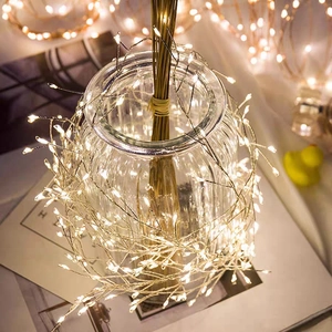 Warm white LED copper wire fairy lights wrapped around a glass bottle for garden decor
