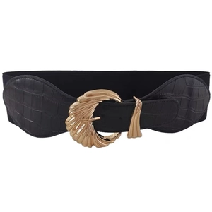Wide black elastic waist belt for women with shell-shaped golden buckle and croc-leather
