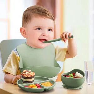 Silicone Baby Feeding Tableware Suction Plate Bowl Adjustable Bib Training Straw Cup Spoon Fork BPA Free Toddler