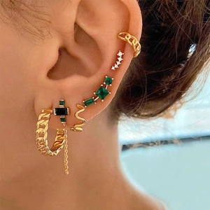 S925 silver needle gold hoop and stud earrings set with colorful zircon stones on a model