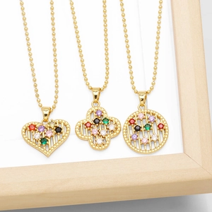 Fashion Gold Plated Brass Colorful Zirconia Pendant Necklace For Women Elegant Heart Clover Round Rhombus Hollow Out Jewelry
