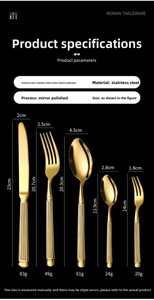 Detailed size chart for golden stainless steel cutlery set with mirror finish