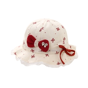 Sweet baby girls sun hat with large red bow and white lace trim in beige cotton