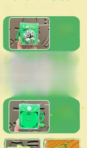 Three-angle view of green panda keychain bag showing front side and back details