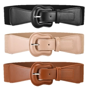 Women's elastic waist belts set in black, beige, and brown with round PU buckles