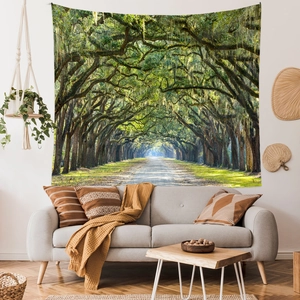 Detail of forest tapestry showing natural tunnel pattern on high quality fabric over a sofa