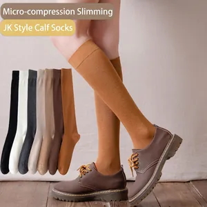 Women Cotton Calf High Socks Rib Knit Solid Color Japanese Preppy Style JK Uniform Breathable Elastic Stockings
