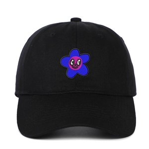 Casquette de baseball en coton noir avec broderie fleur de dessin animé colorée et smiley