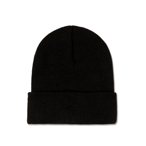 Close-up of the fine ribbed texture and folded cuff on a black knit beanie cap