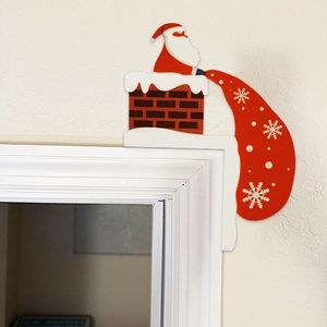 Detail of wooden Santa Claus door frame corner decor with red gift bag for home Christmas setup