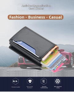 Detail of a black leather pop-up card holder with anti-RFID metal case for men
