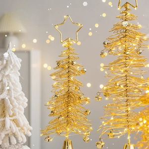 Golden wire Christmas tree desk ornament with LED lights and star topper for holiday decor