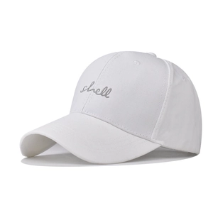 Classic white washed cotton baseball cap with gray embroidered shell text on front