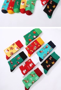 Detailed flat lay of festive cotton socks featuring Santa, reindeer and snowman patterns