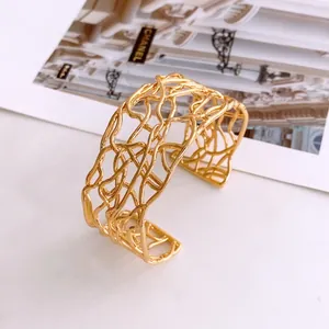 Chic 18K gold plated open cuff bracelet featuring a minimalist hollow woven design for women