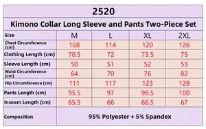Detailed size chart for solid kimono loungewear set including measurements and fabric info