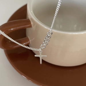 925 Sterling silver cross necklace with asymmetric curb and cuban link chain design