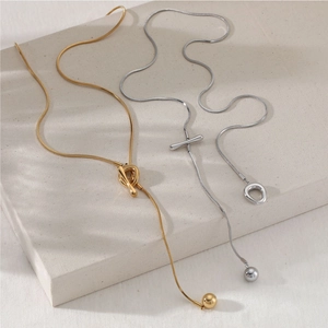 Stainless Steel Y-Shaped Necklace With Metal Ball Pendant Minimalist Snake Chain Toggle Clasp Jewelry For Women
