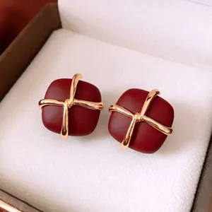 Vintage style square burgundy earrings with gold metal cross design in a gift box