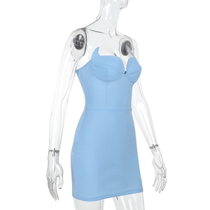 Detail view of light blue bodycon dress featuring a sharp pointed sweetheart neckline