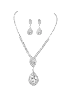 Detailed close-up of luxury bridal necklace set with pear-cut rhinestones in silver finish