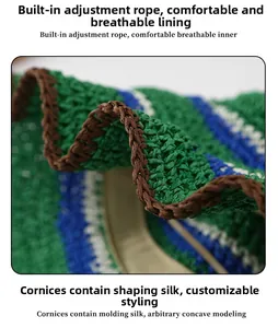 Close-up of tricolor striped straw hat weave with adjustable strap and breathable lining